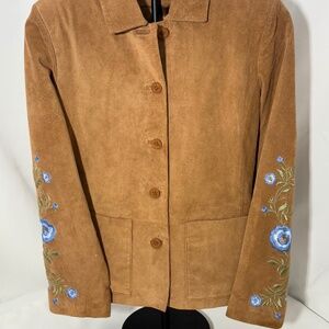 Roper tan suede jacket sz small with blue flower embroidery
